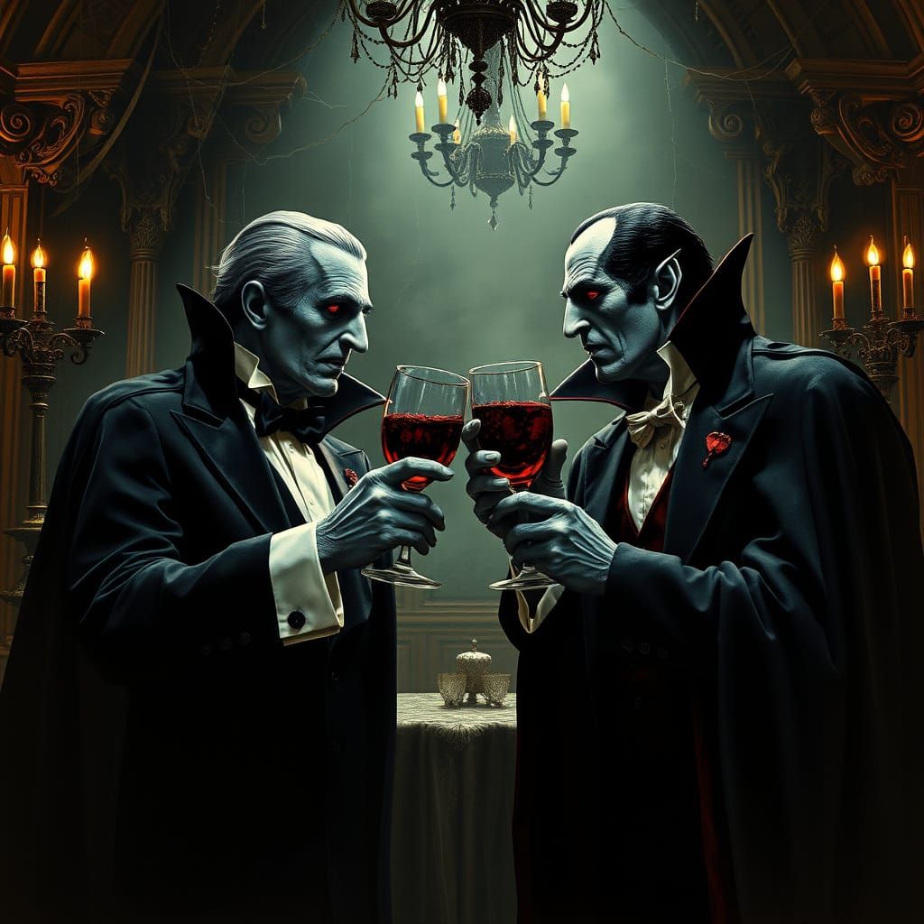 Gothic Toast: Vincent Price and Dracula Clinking Glasses