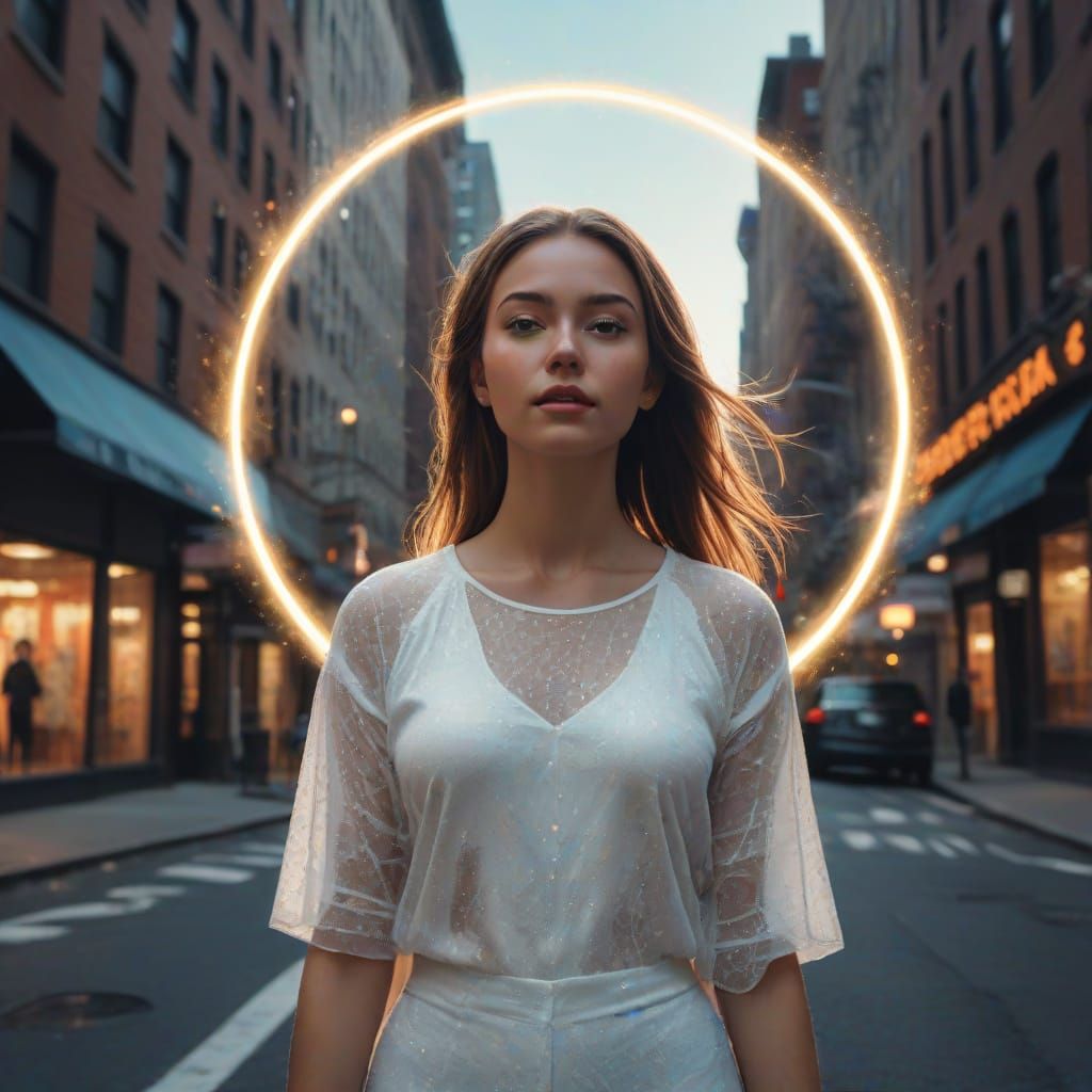 Young Woman With Hologram Halo in NYC Street