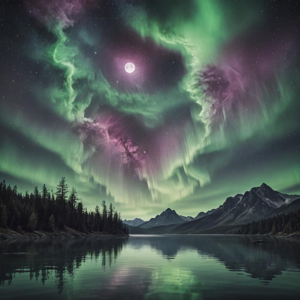 Moonlit Gothic Lake with Nebula Aurora