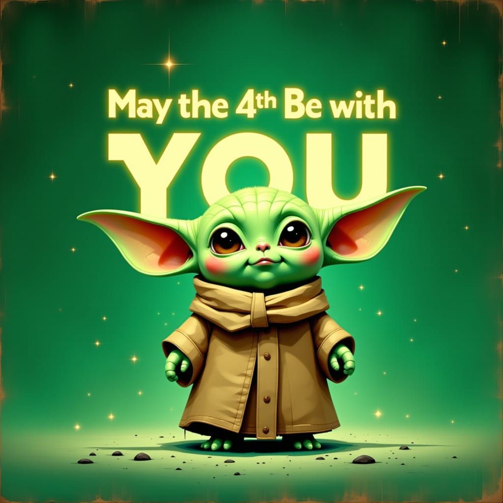 Chibi Kawaii Star Wars Baby Yoda in Forest Green Background