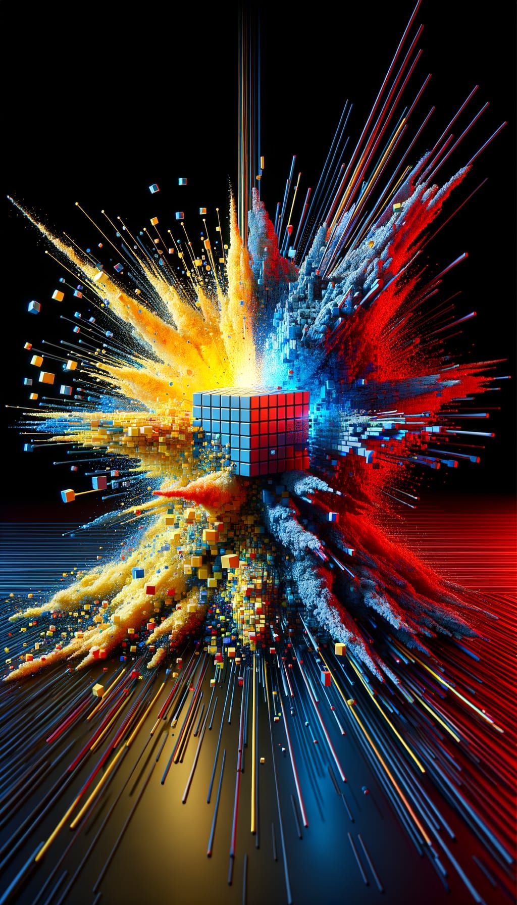 Surreal Cubist Scene with Glitch Art Elements