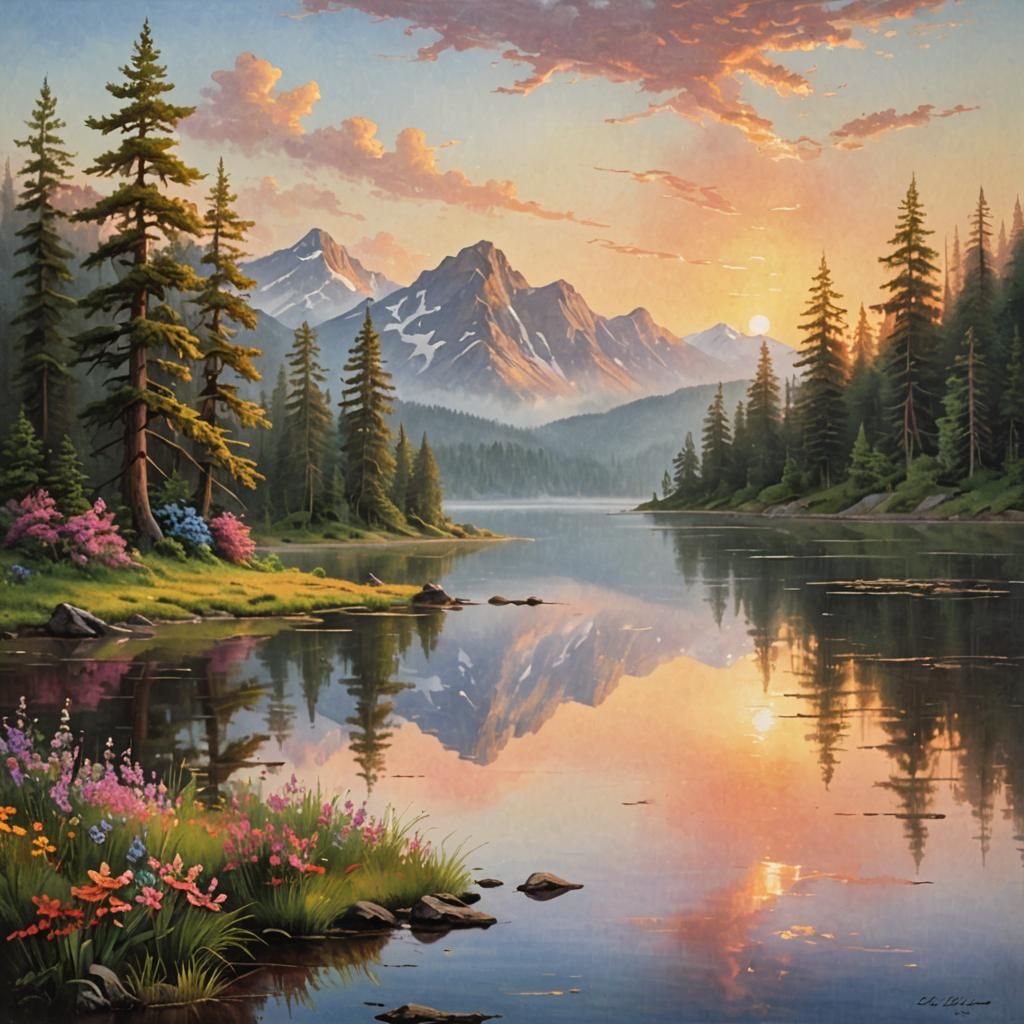 Misty Mountain Sunrise Reflected in Calm Lake