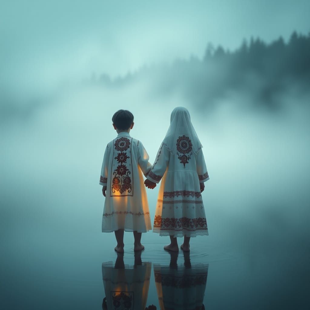 Ethereal Ukrainian Child Ghosts in Dreamlike Landscape