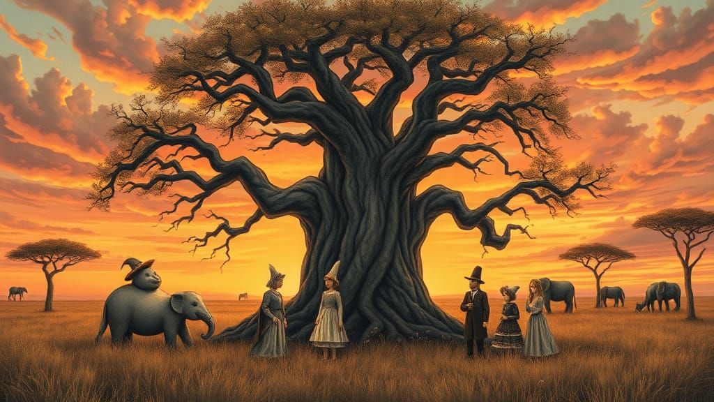 Magical Savannah Sunset with Nursery Rhyme Characters