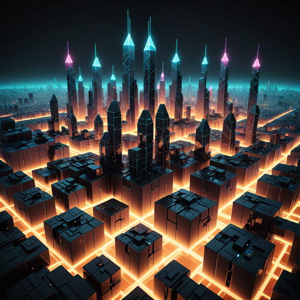 Cyberpunk Cityscape of Glowing Cubes