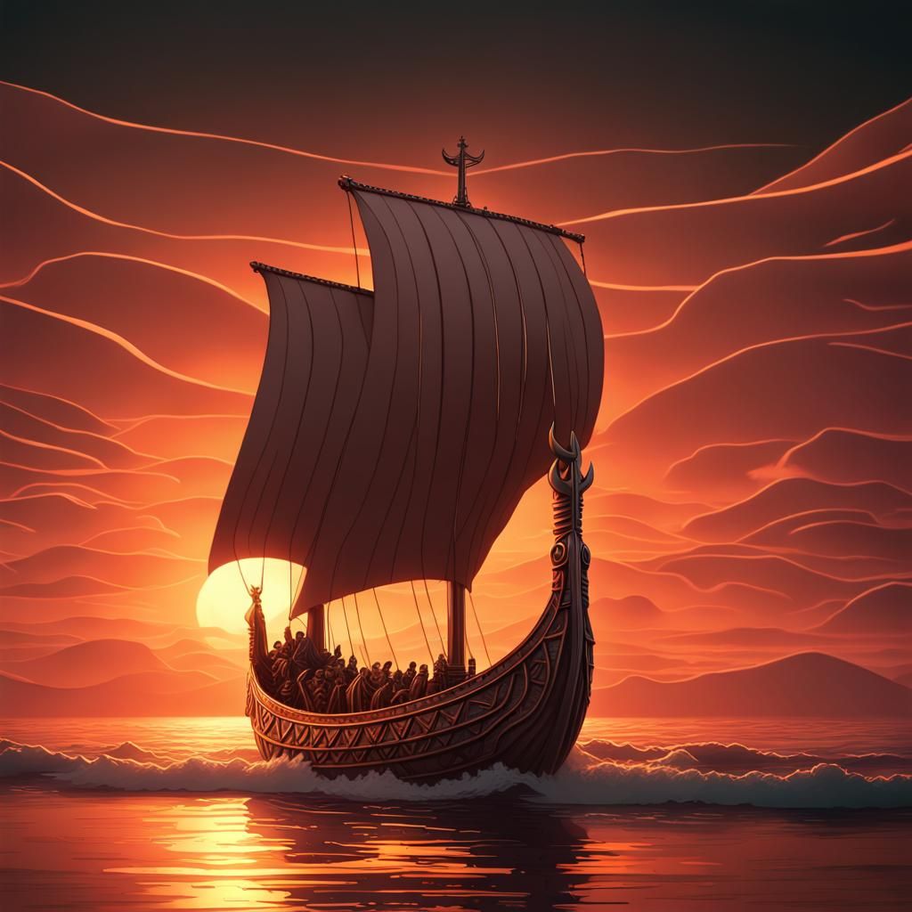 Neon Viking Ship at Sunset: Fairycore Cybercore Art