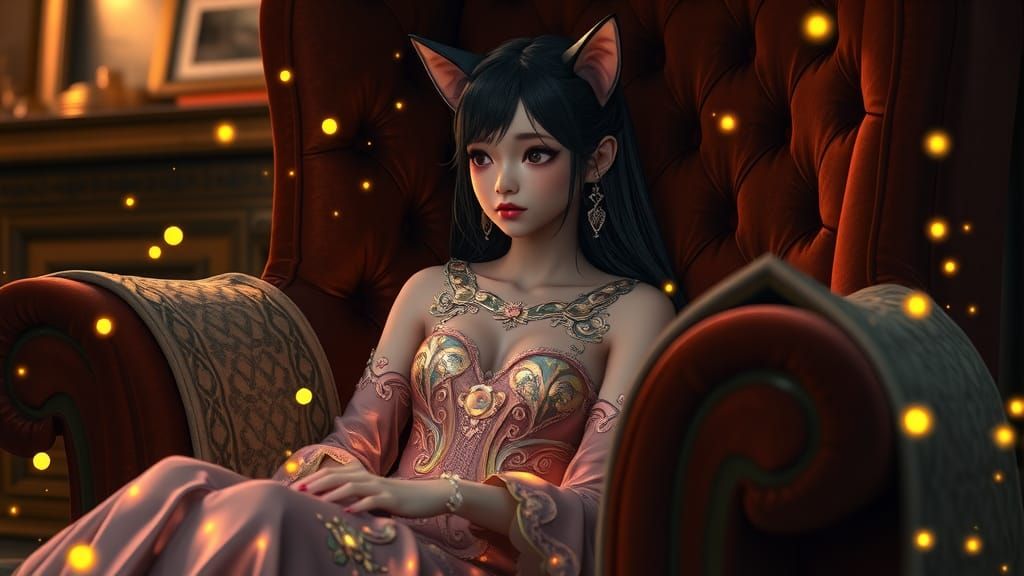 Cat-Eared Maiden in Velvet Armchair, Celtic-Inspired 3D Anim...