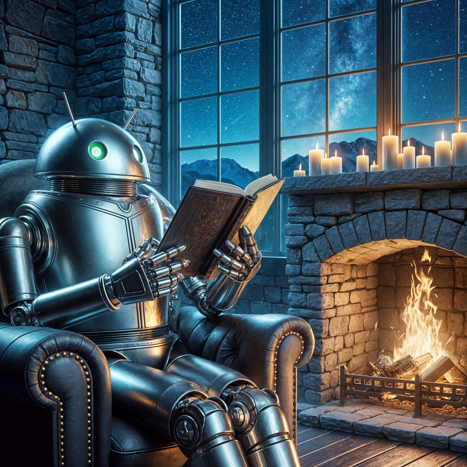 Android Robot Reads Book by Fireplace at Night