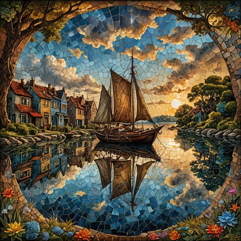 Boat on Calm Water: Surreal Digital Mosaic