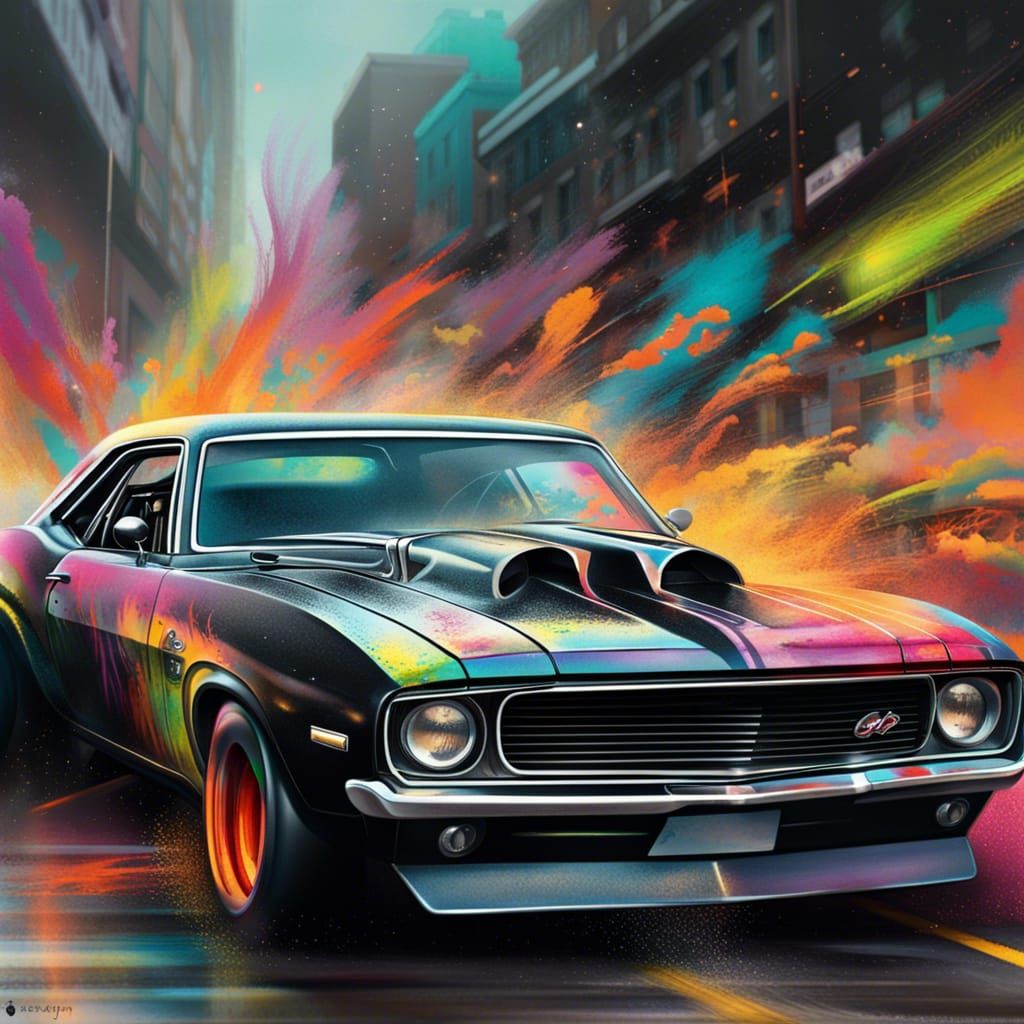 Matte Black Muscle Car Drag Racing Graffiti Art