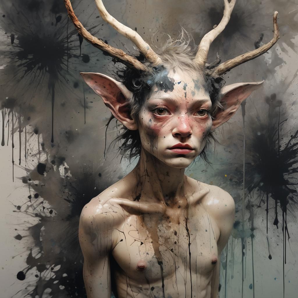 Dreamy Dark Faun Portrait with Ink Splatters