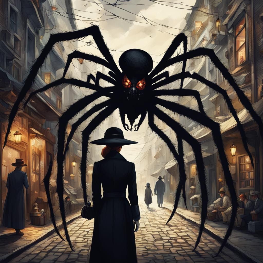 Noble Lady with Spider Hat in Dark Alley