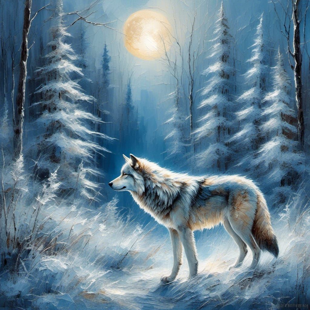 Wolf Howling at Moon in Winter Forest