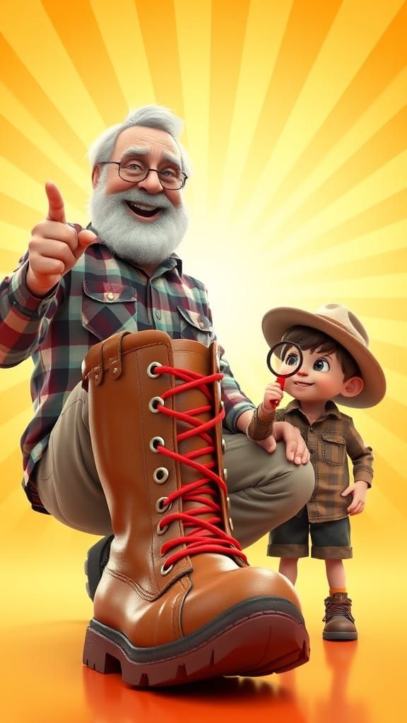 Jovial Grandpa in Dinosaur Boots, Pointing with Mischief
