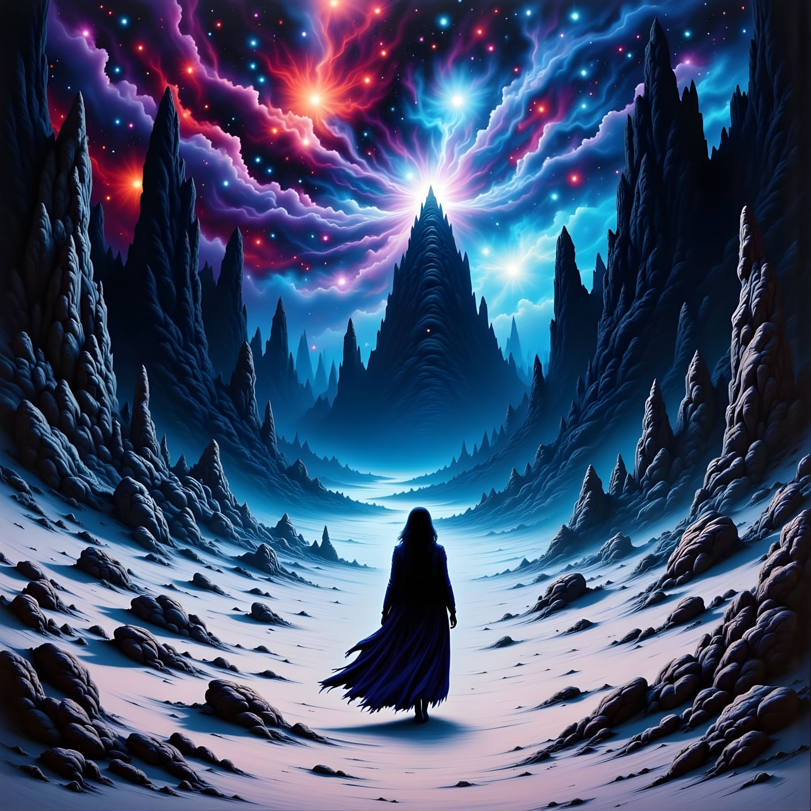 Mysterious Figure in Cosmic Desert Oil Painting