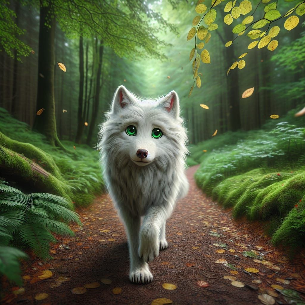 Adorable White Wolf in Autumn Forest Digital Art