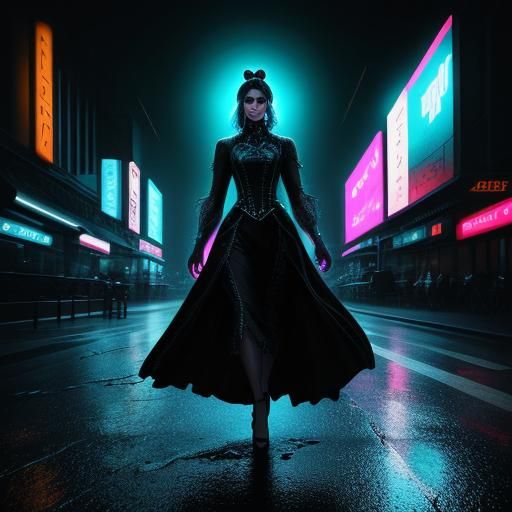 Hourglass Figure in Neon Cityscape, Digital Art