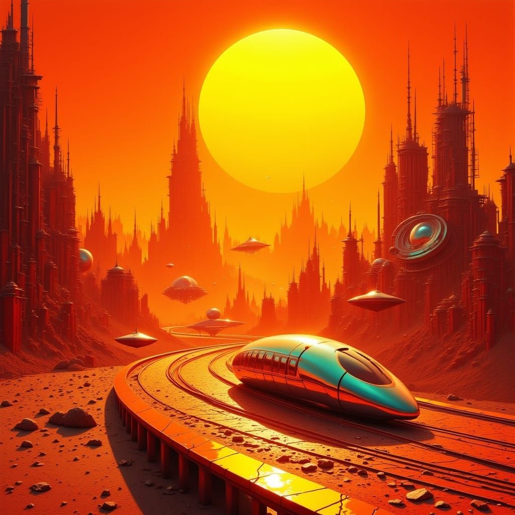 Retro-Futuristic Utopian Cityscape in Orange Glow