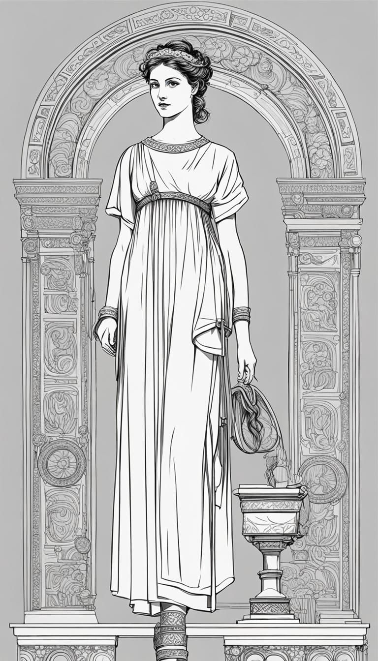 simple full-body line drawing a young roman woman in a (mini-tunic:1.6) and sandals