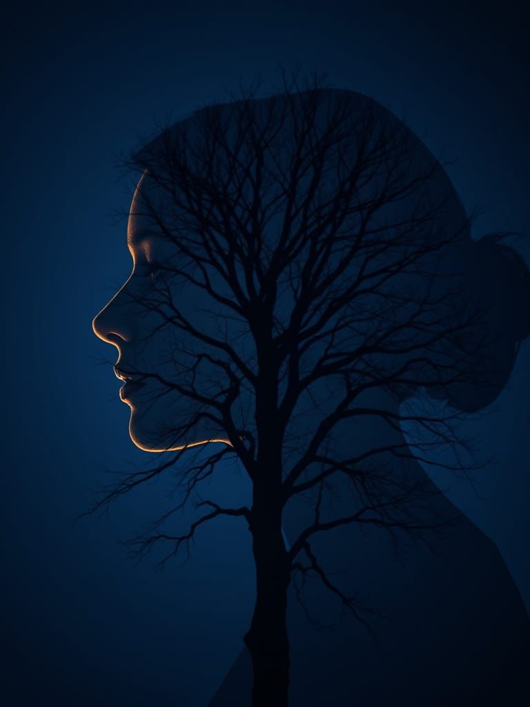 Surreal Double Exposure Portrait of Woman in Tree Silhouette