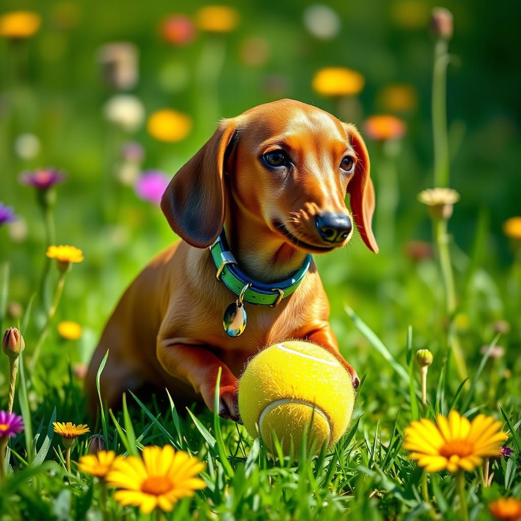 Vibrant Red Dachshund Plays in Sunlit Meadow