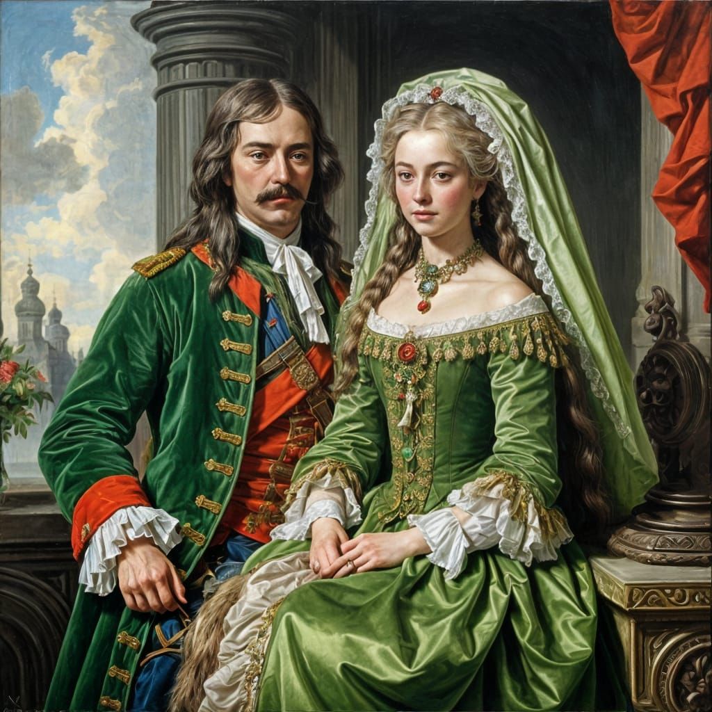 Russian Couple in Seventeenth Century Style Oil Painting