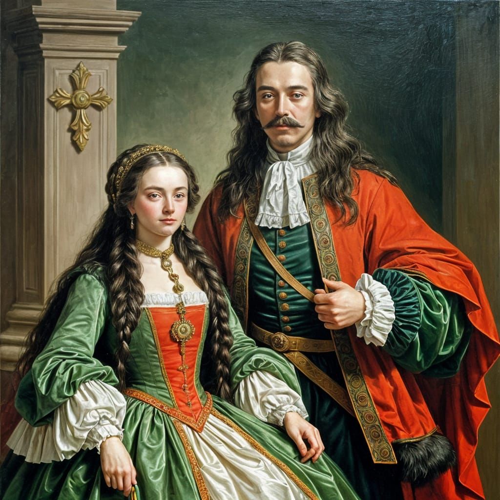 Russian Couple in 17th-18th Century Style Oil Painting