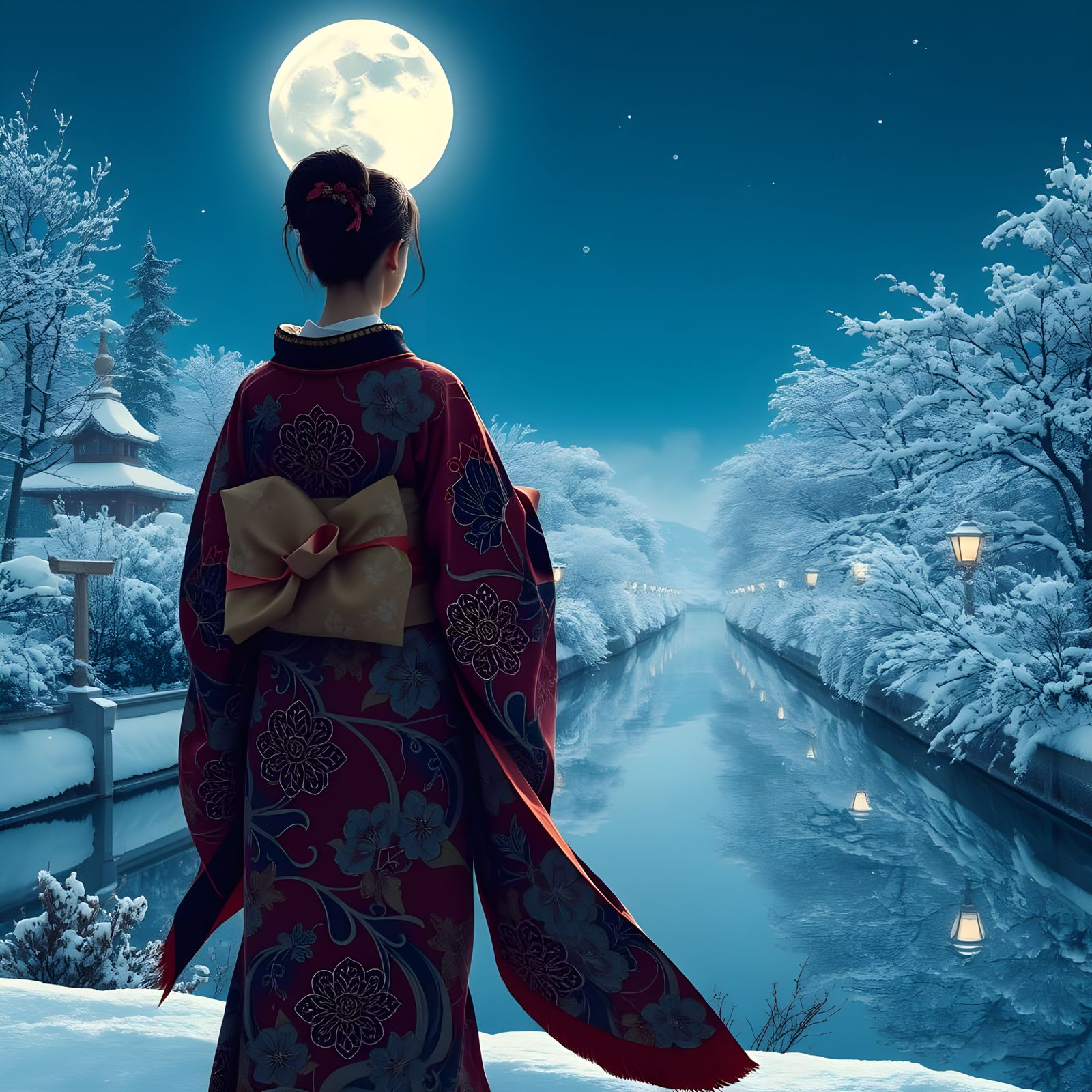 Woman in Kimono Gazing at Moonlit Winter Landscape