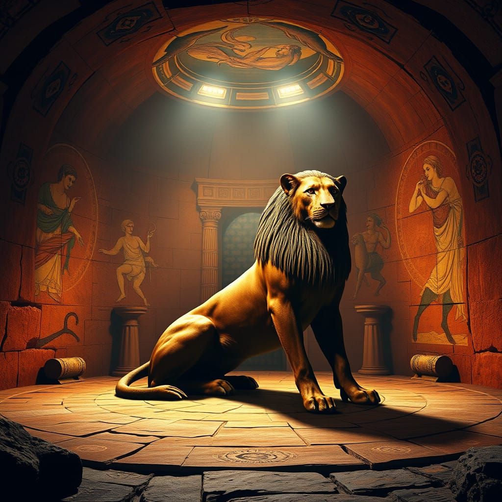 Etruscan Grandeur: A Living Sphinx Amidst Ancient Frescoes