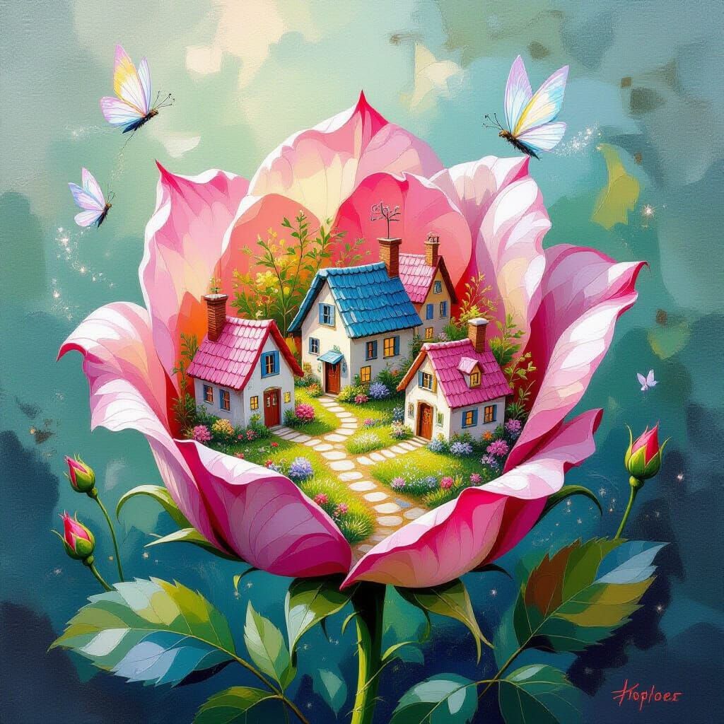 Whimsical Village Inside Giant Rose Bud