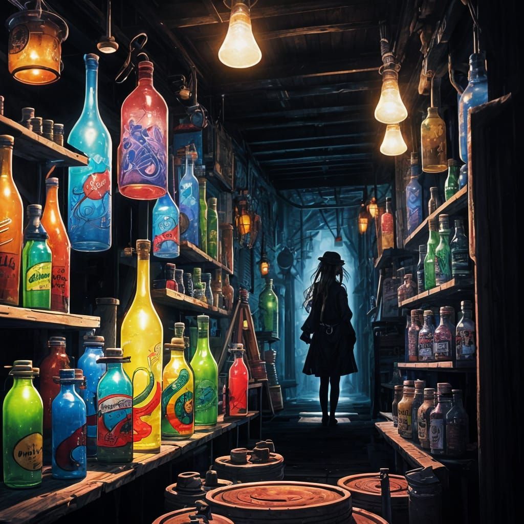 Woman in Mysterious Alley with Glowing Bottles