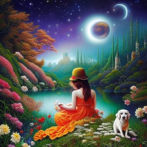 Fairytale Girl with Dogs Under Starry Sky