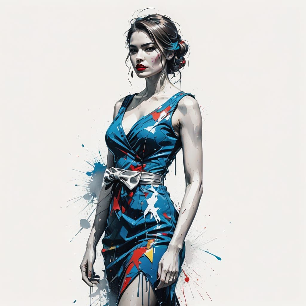 Woman in Blue Dress: Vibrant Graffiti Street Art