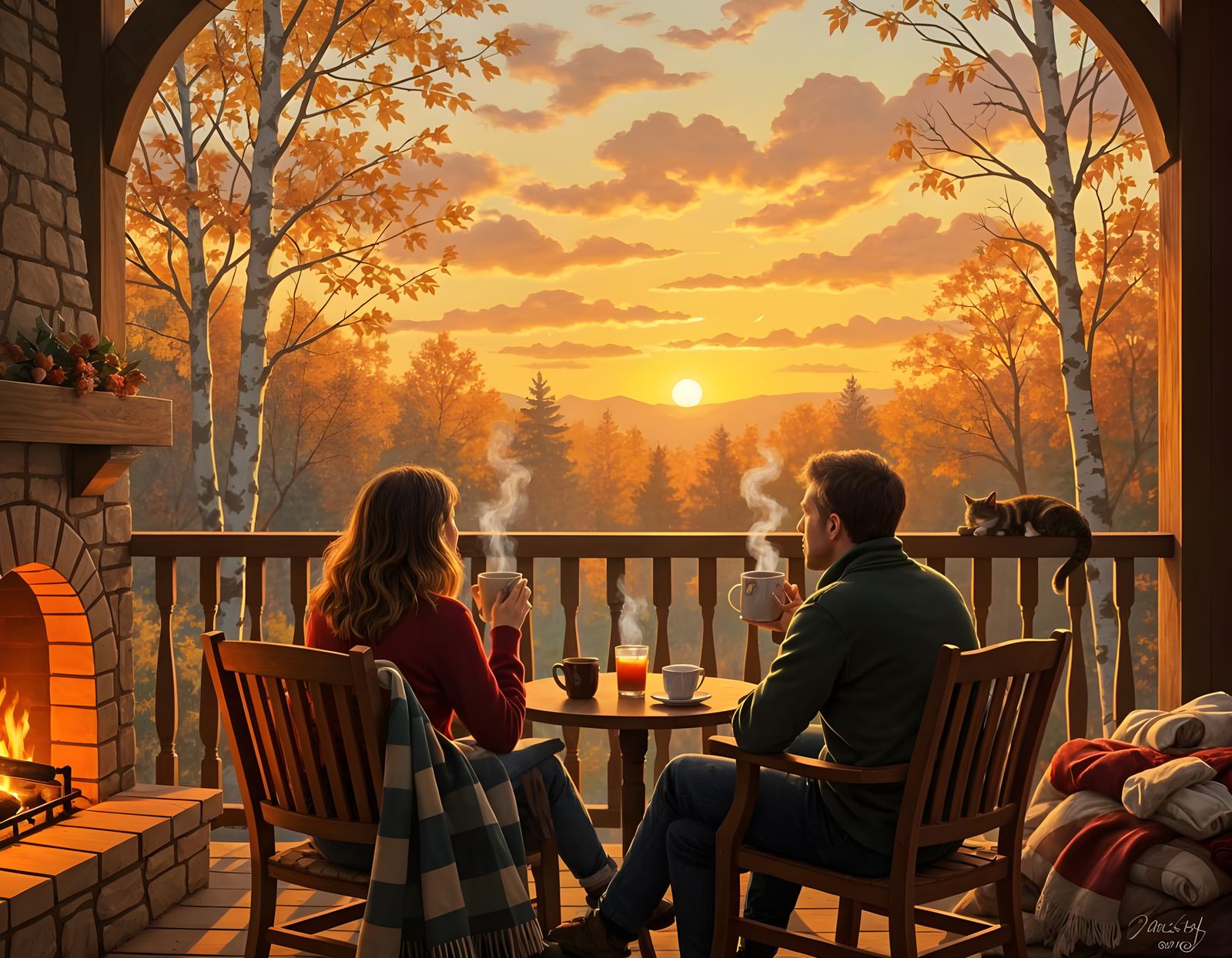 Cozy Autumn Balcony Scene in Academic Realism Style