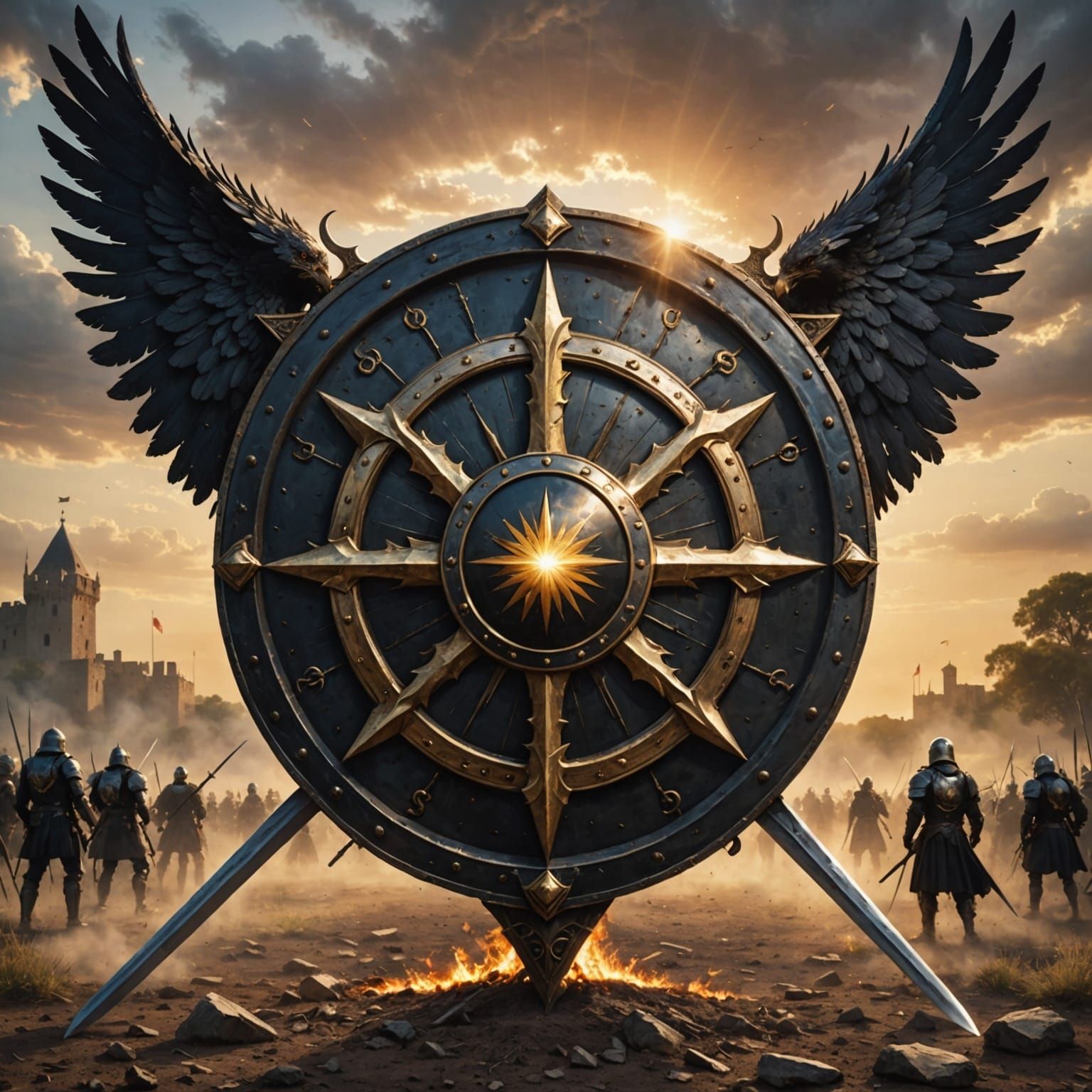 Victorious Knight's Coat of Arms in a Darkening Battlefield