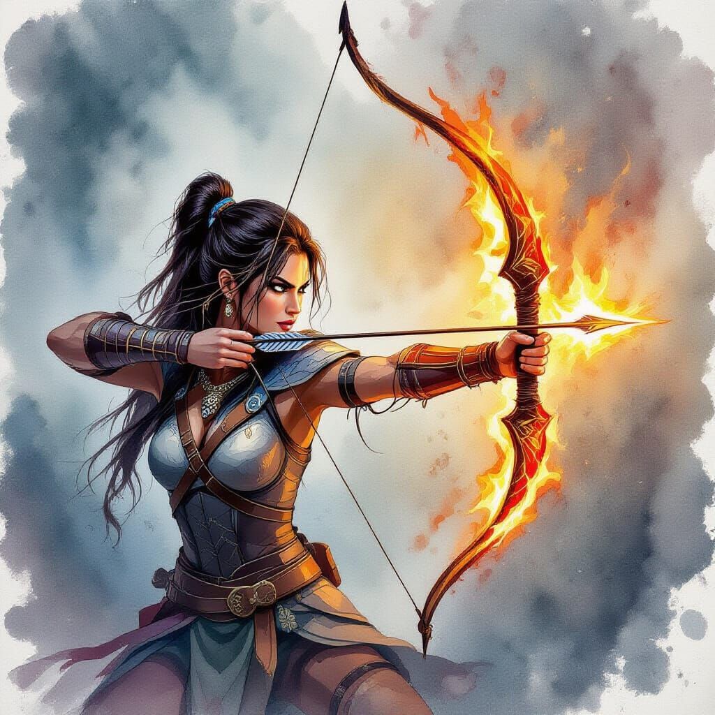 Warrior Aims Flaming Arrow: Alcohol Ink Art