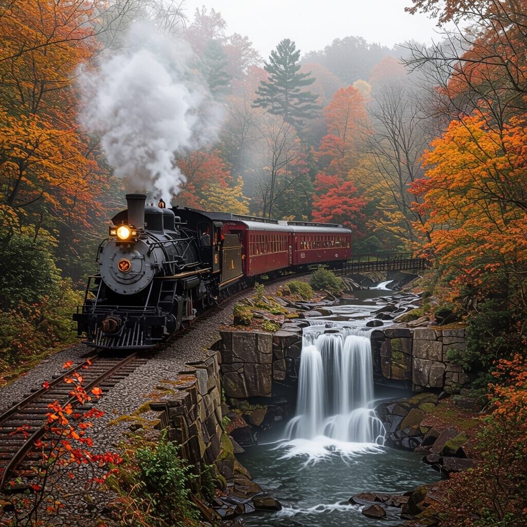 Cozy Autumn Train Journey Through Misty Oaks and Waterfalls