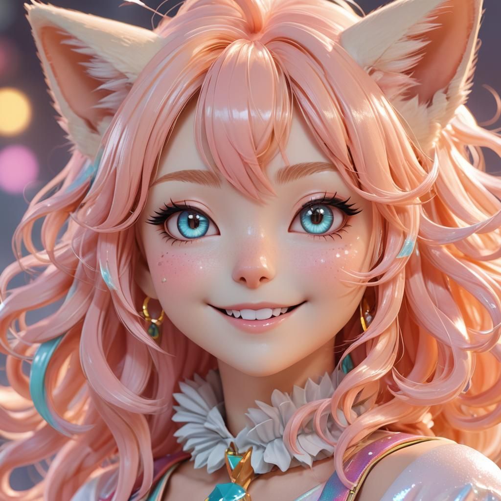 Joyful Pastel Anime Cat Girl in 3D