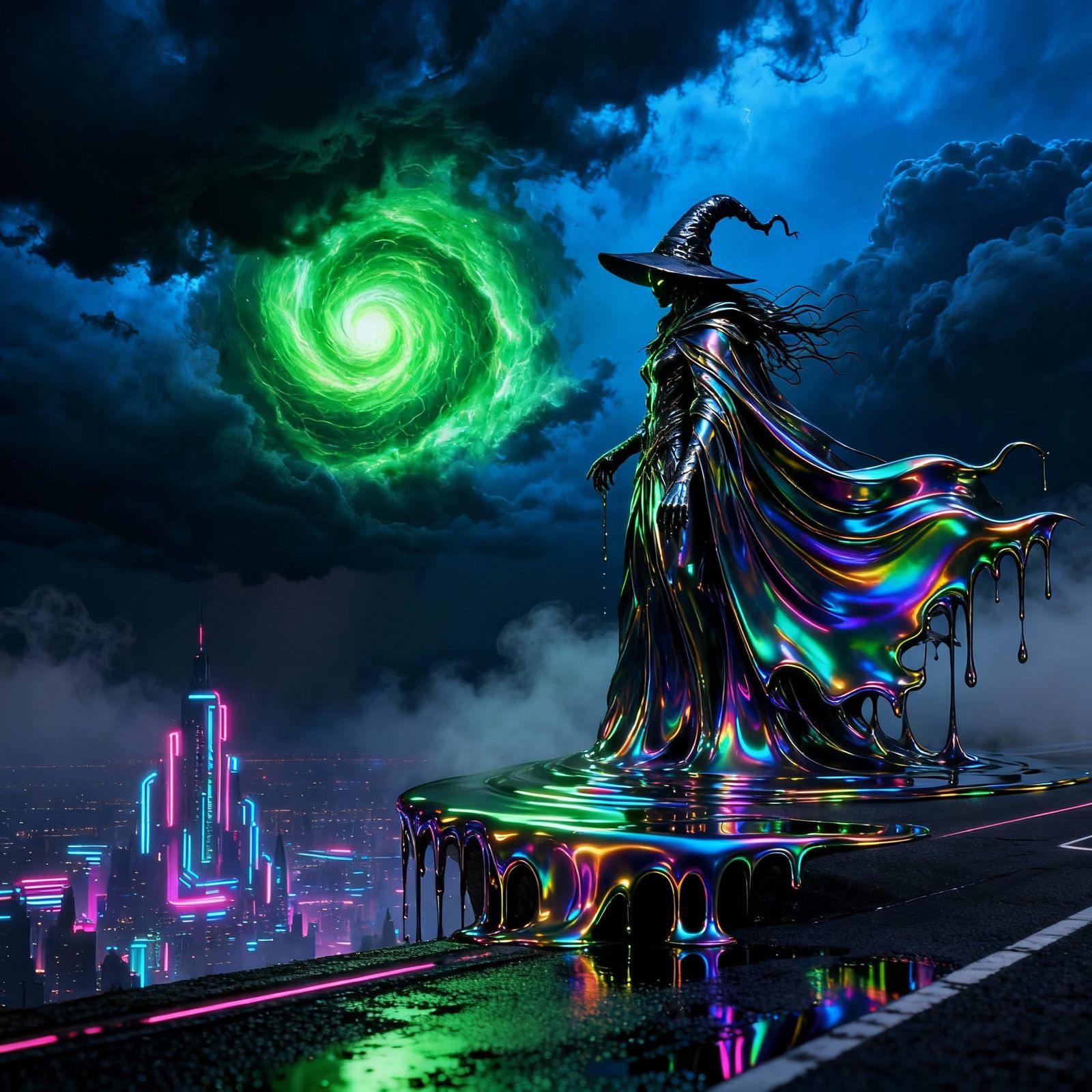 Surreal Oil Slick Figure of Shimmering Rainbow Colors