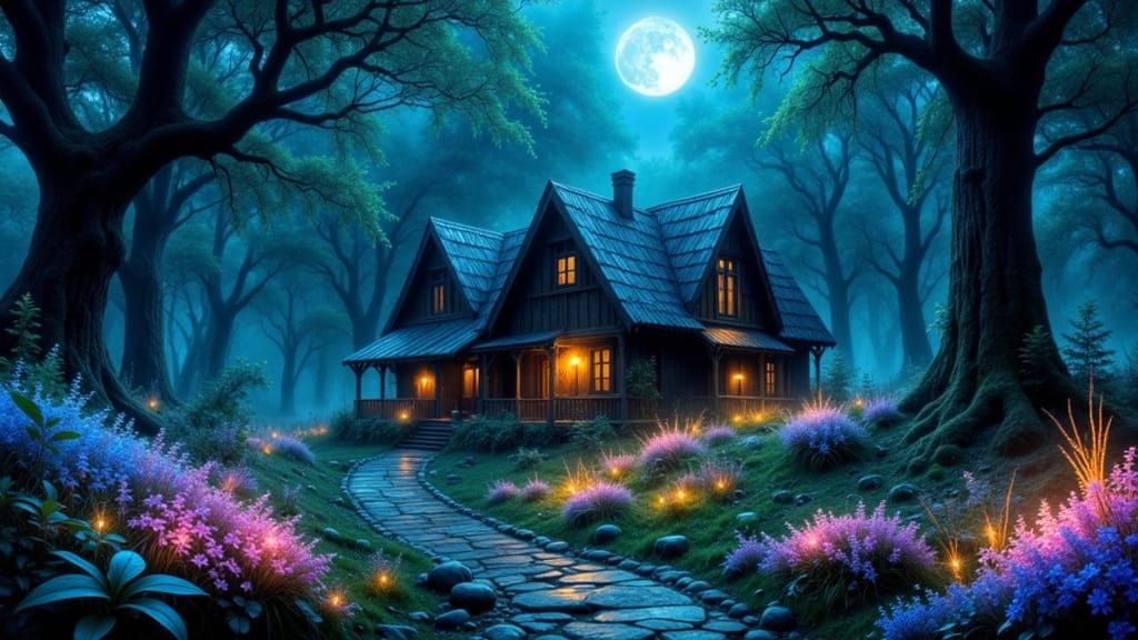Ancient Chalet in Bioluminescent Alien Forest