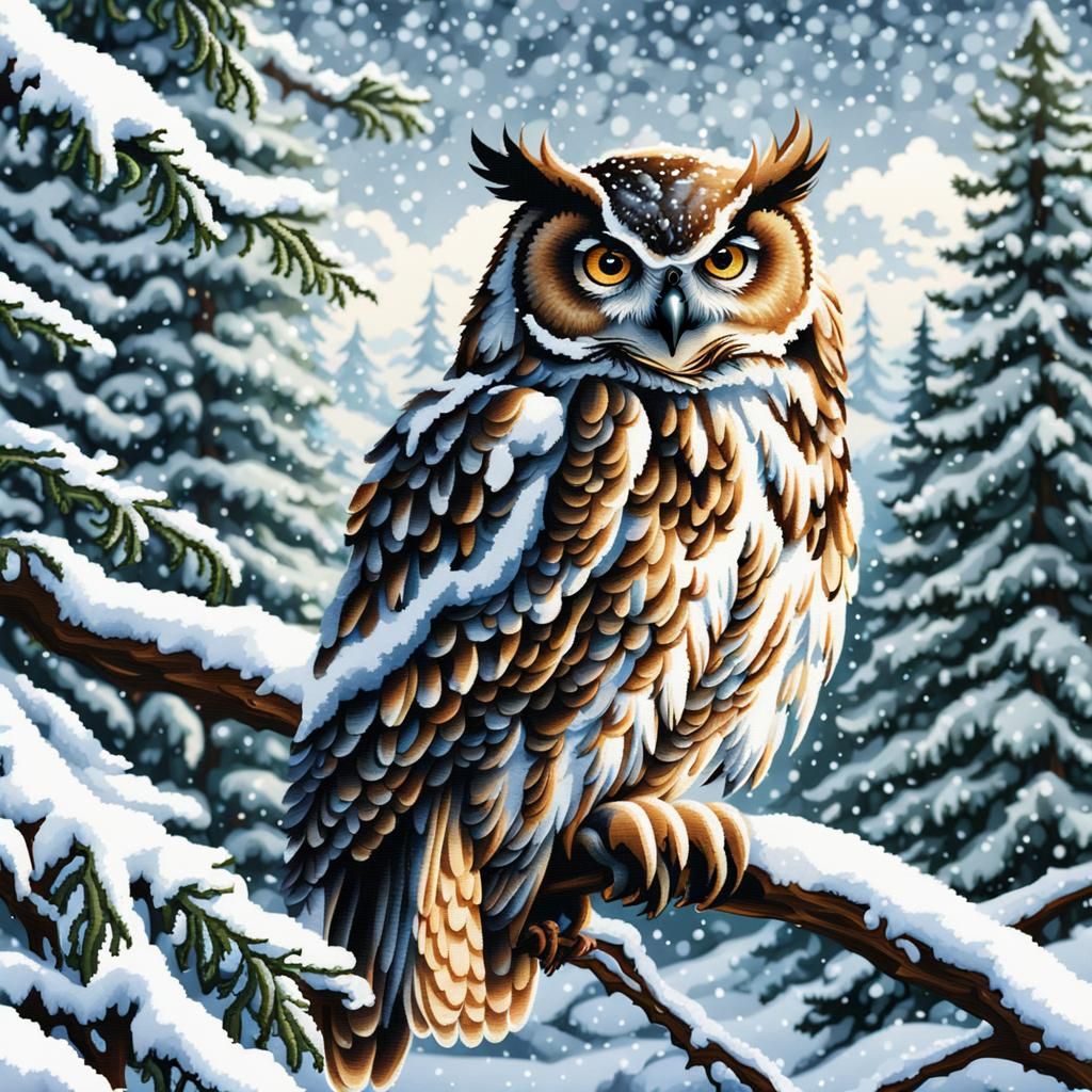 Cross Stitch Owl in Snowy Tree