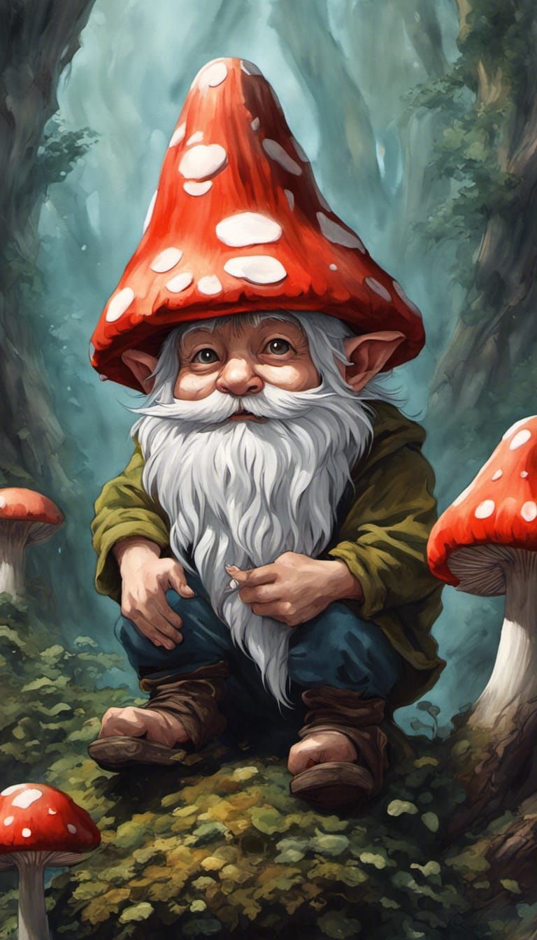 Hyperrealistic Gnome with Mushroom Hat in Anime Style