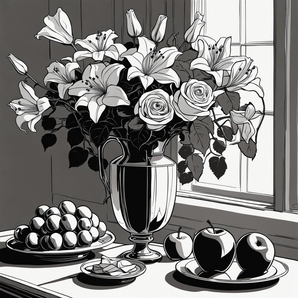 Monochrome Still Life with Roses in Comic Book Style