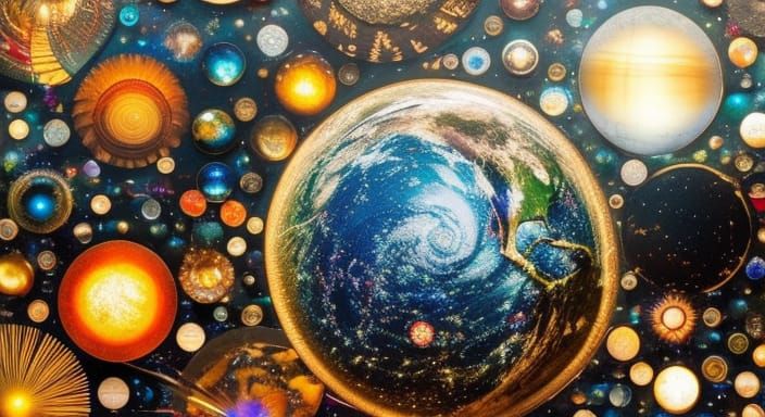 Hyperdetailed Solar System Collage with Neon Overlays