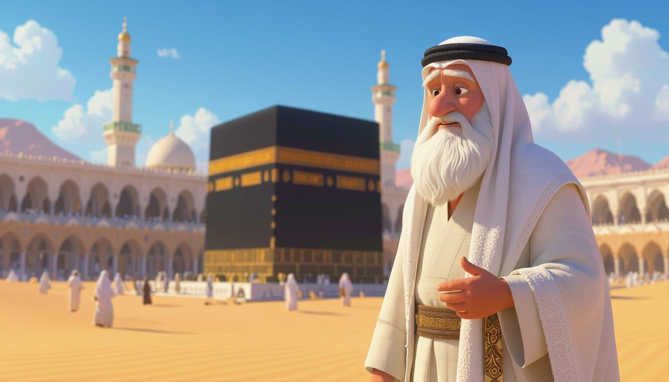 Sahara Desert Scene: Man Near Kaaba in Pixar Style