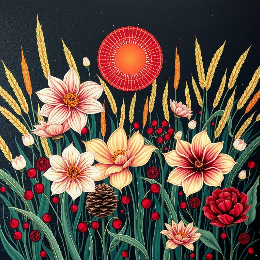 Pointillist Garden Painting with Abstract Floral Patterns