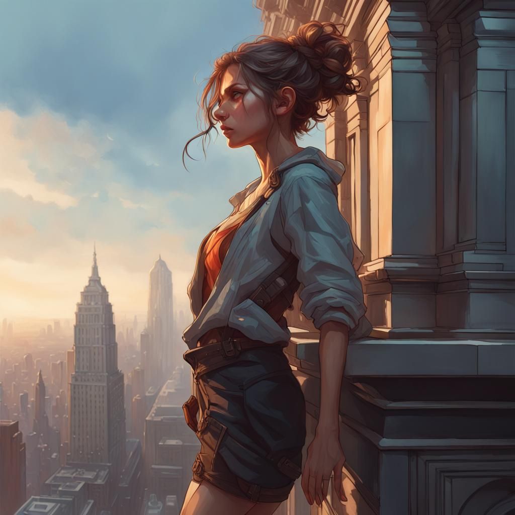 Contemplative Girl on Building Edge: Hyperdetailed Art