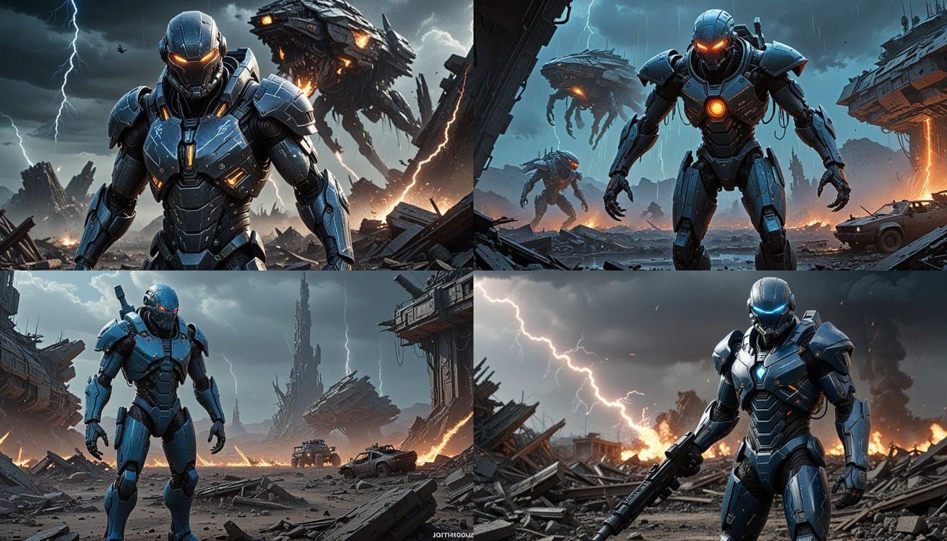 Futuristic Warrior Battles Alien Creatures on War-Torn Battl...