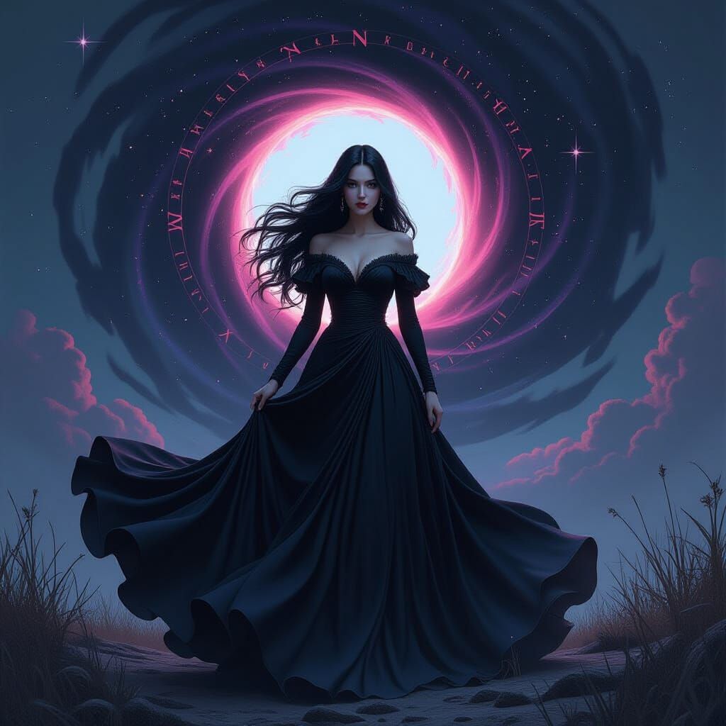 Gothic Woman Fusing With Black Hole in Dark Fantasy Style