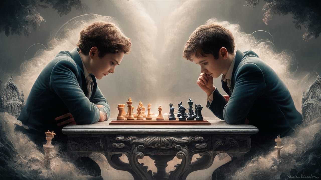 Ethereal Chess Match in a Dreamy Landscape Painting